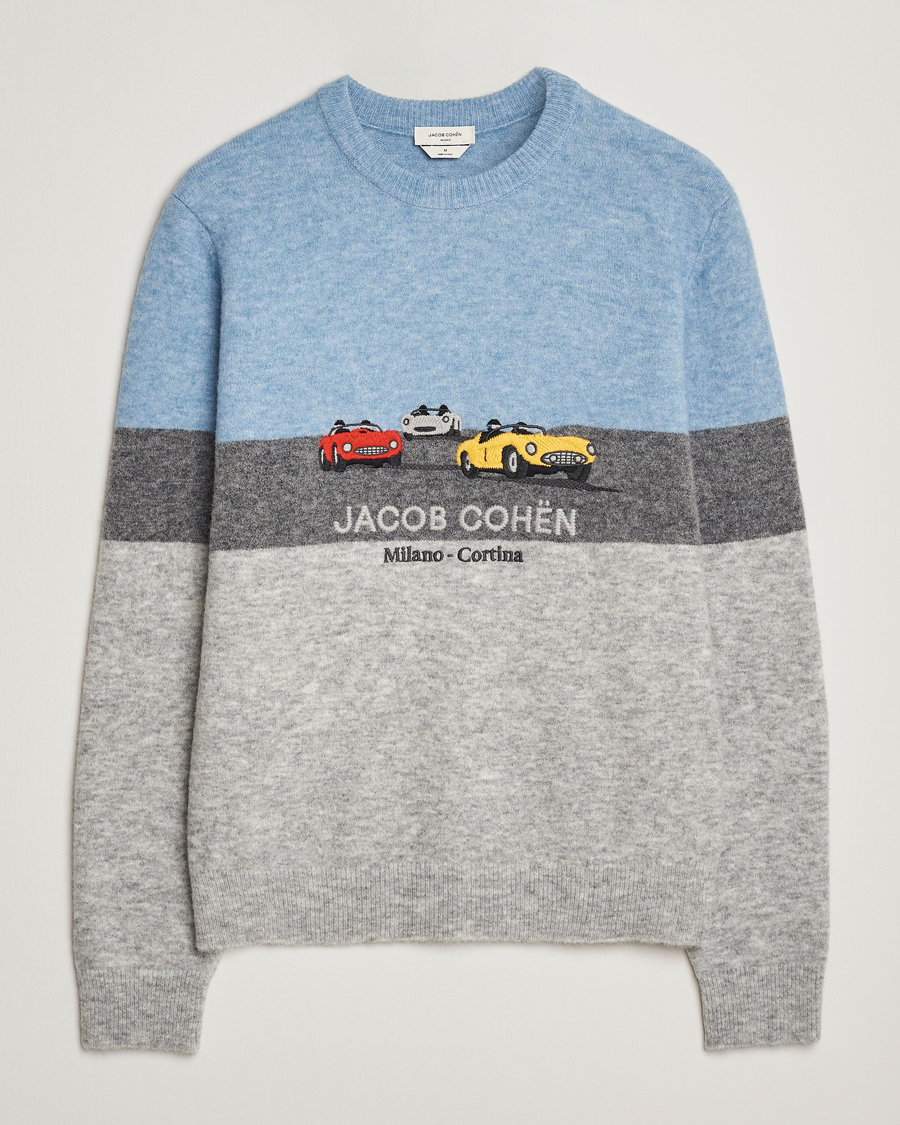 Herre | Gensere | Jacob Cohën | Embroidery Knitted Milano-Cortina Crew Neck Grey/Blue