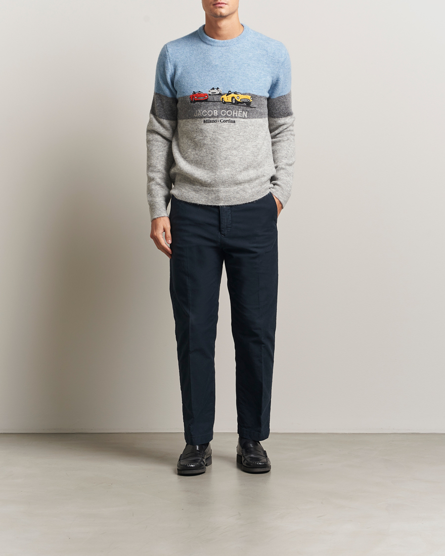 Herre | Gensere | Jacob Cohën | Embroidery Knitted Milano-Cortina Crew Neck Grey/Blue