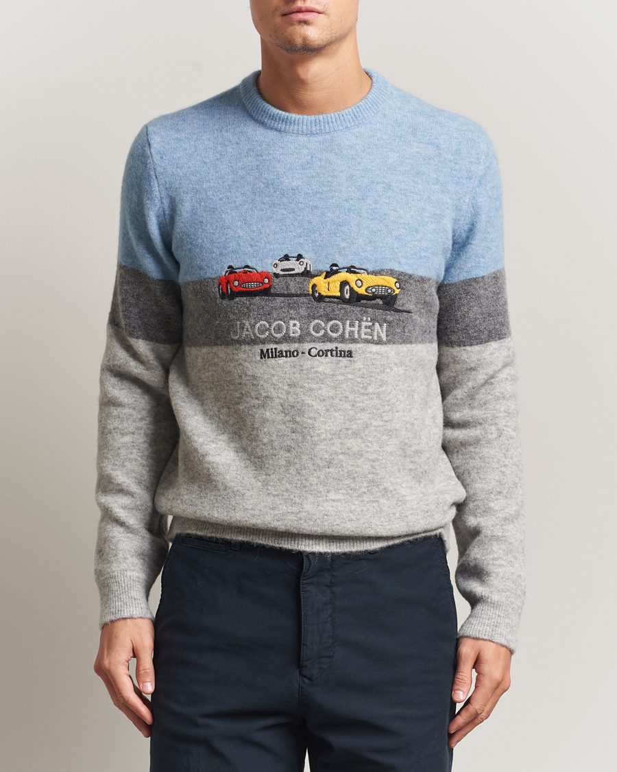 Herre | Gensere | Jacob Cohën | Embroidery Knitted Milano-Cortina Crew Neck Grey/Blue