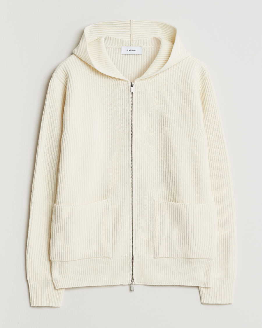 Herre | Gensere | Lardini | Wool/Cashmere Knitted Full Zip Hood White