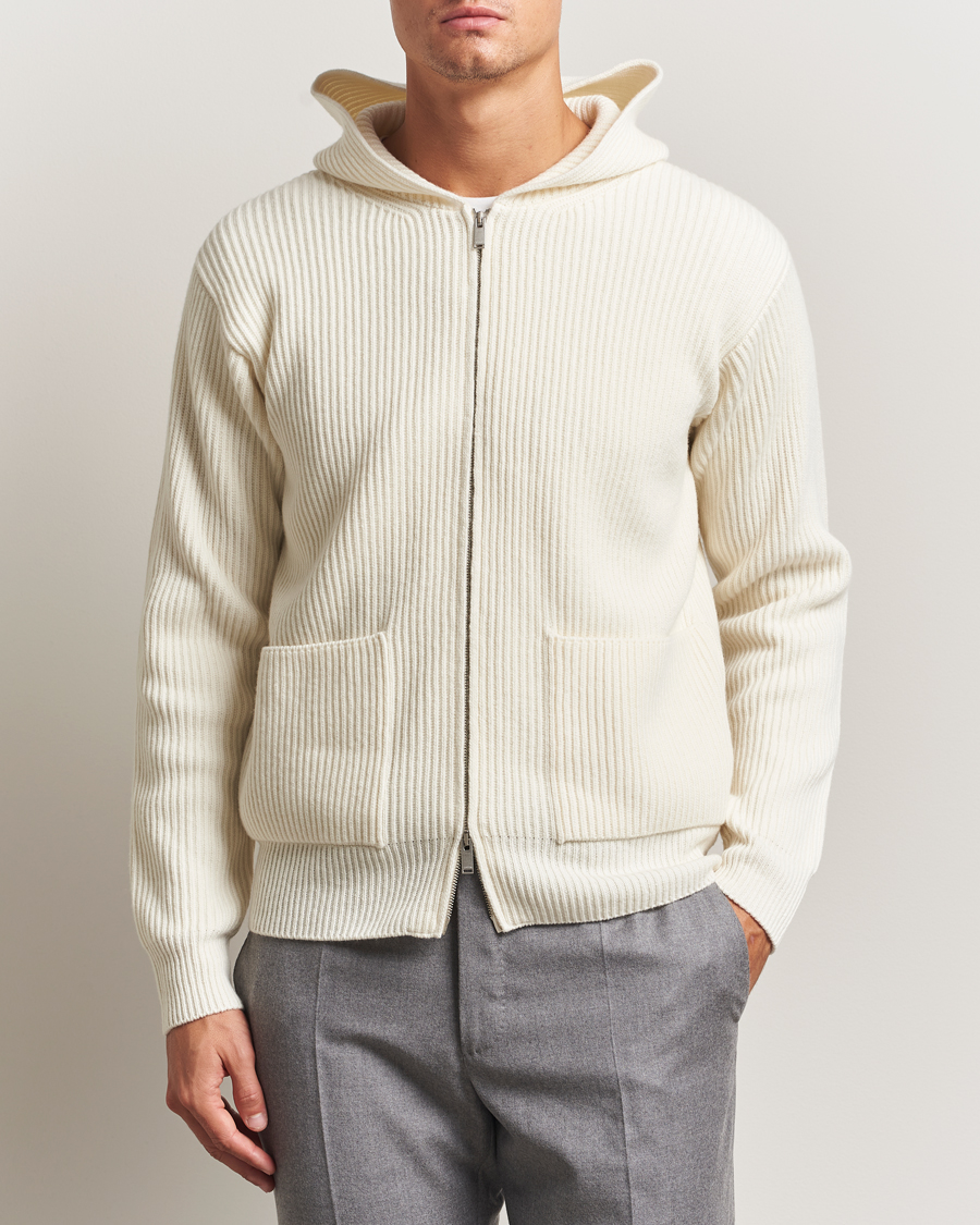 Herre | Gensere | Lardini | Wool/Cashmere Knitted Full Zip Hood White