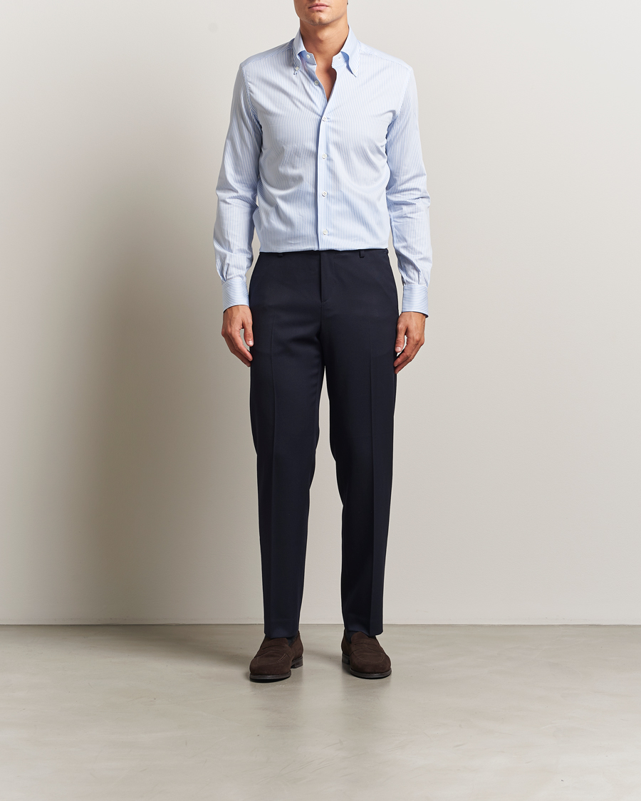 Herre | Skjorter | Mazzarelli | Soft Cotton Twill Button Down Shirt Light Blue Stripe
