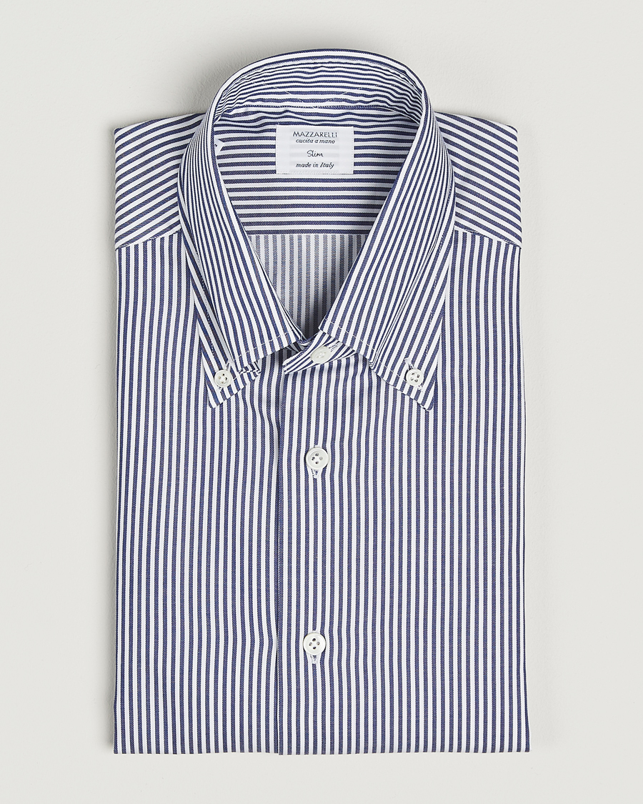 Herre | Skjorter | Mazzarelli | Soft Cotton Twill Button Down Shirt Navy Stripe