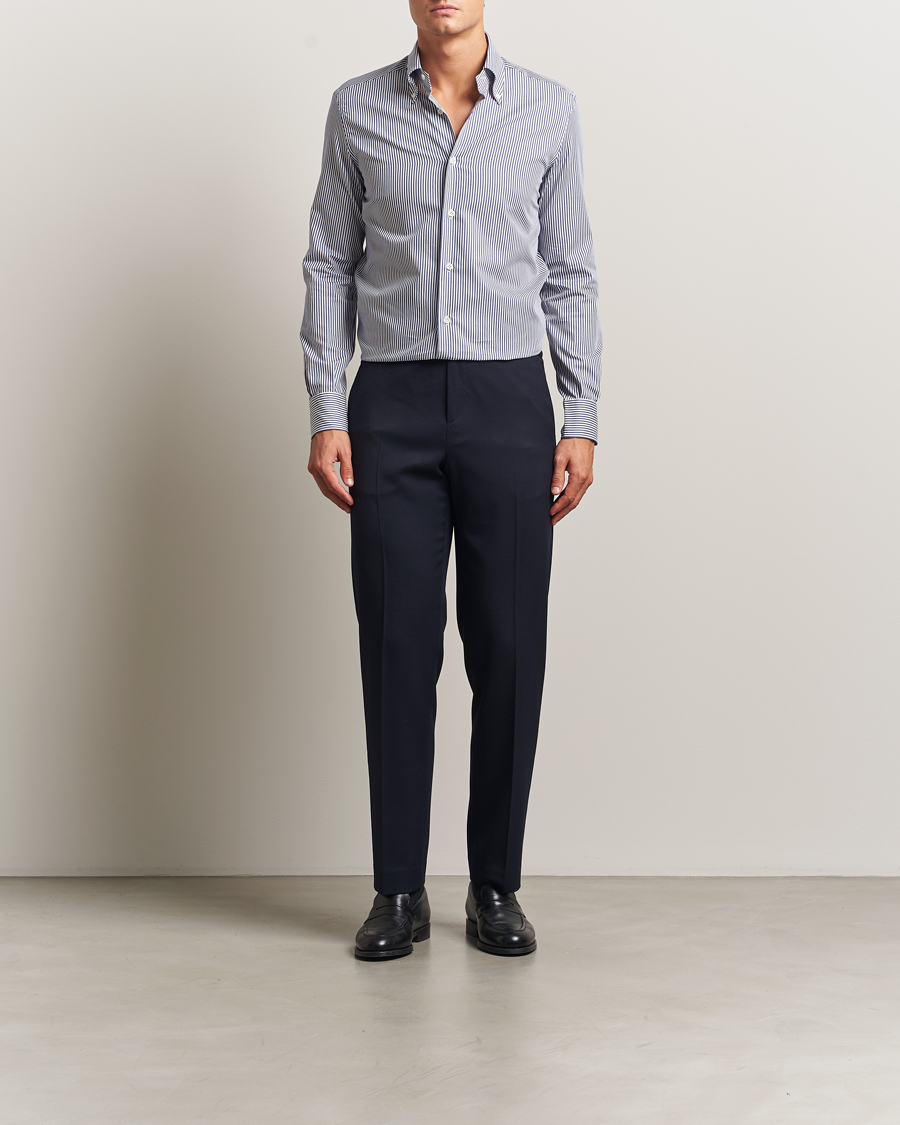 Herre | Skjorter | Mazzarelli | Soft Cotton Twill Button Down Shirt Navy Stripe