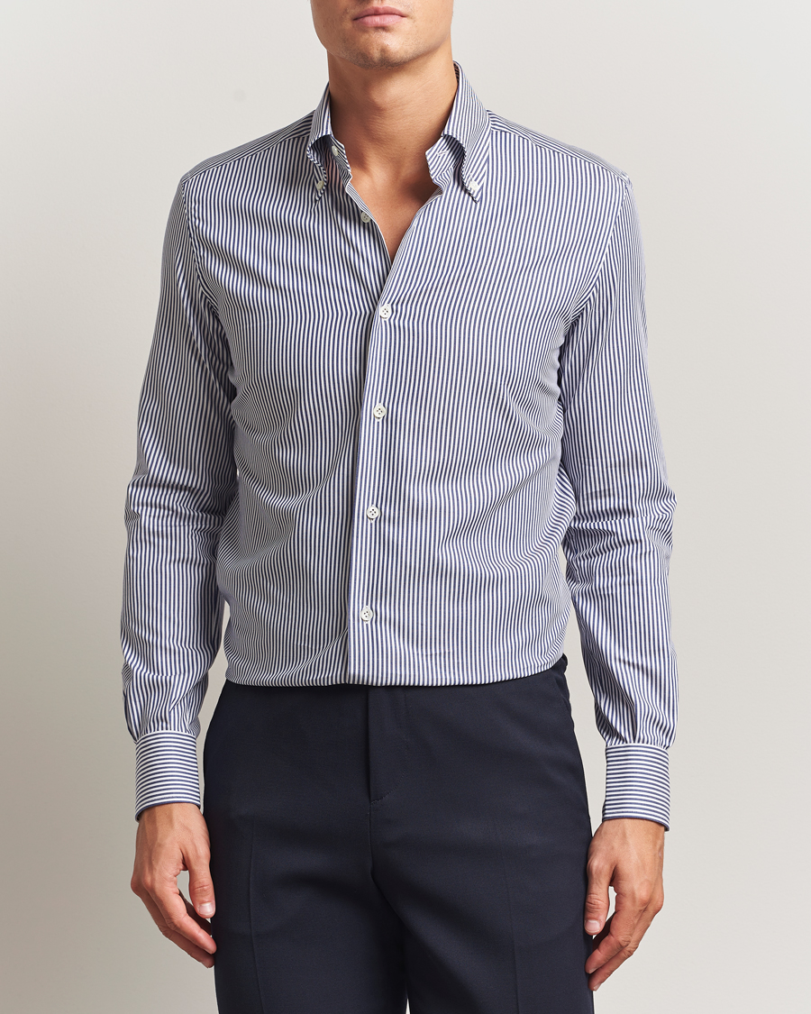 Herre | Skjorter | Mazzarelli | Soft Cotton Twill Button Down Shirt Navy Stripe