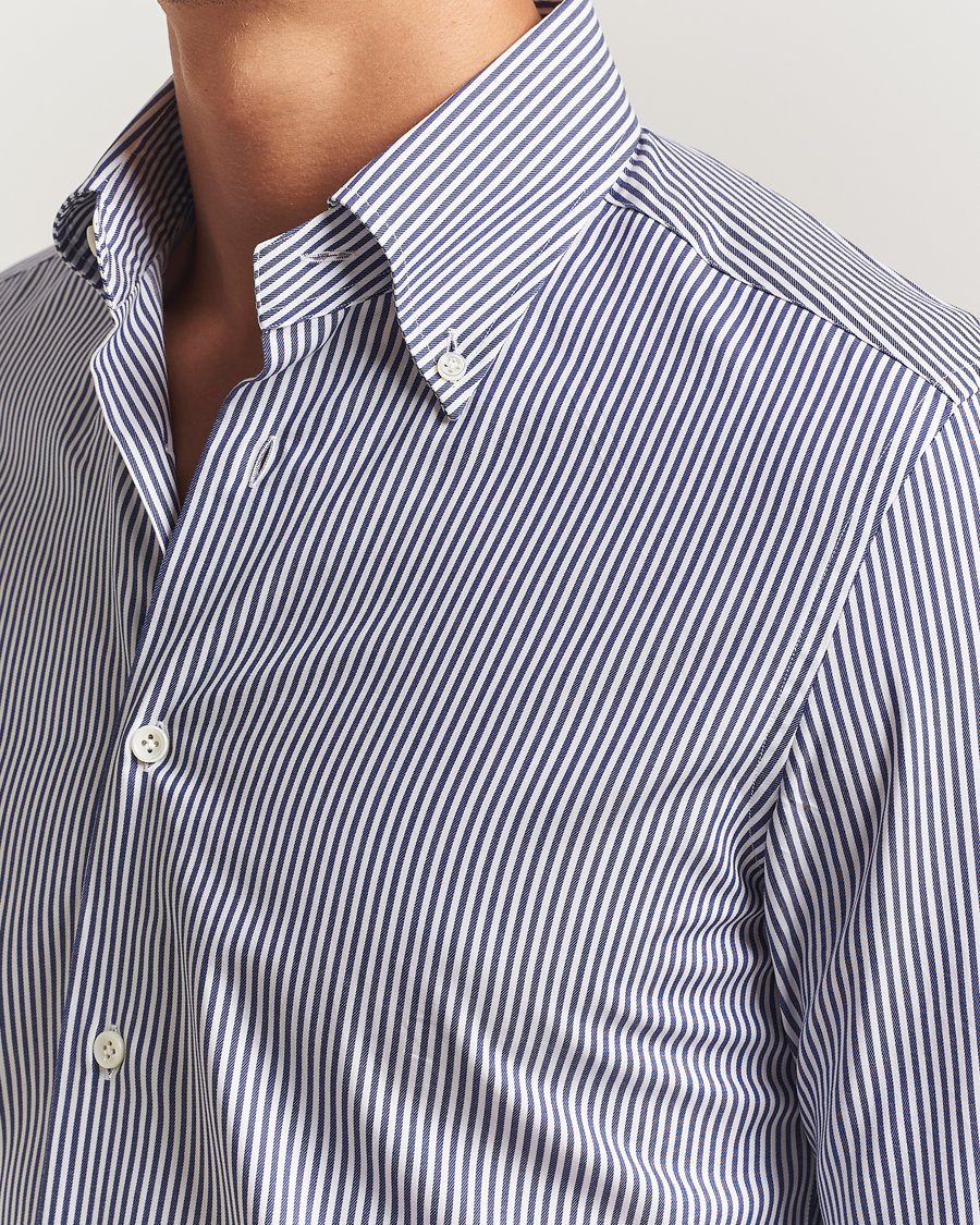 Herre | Skjorter | Mazzarelli | Soft Cotton Twill Button Down Shirt Navy Stripe