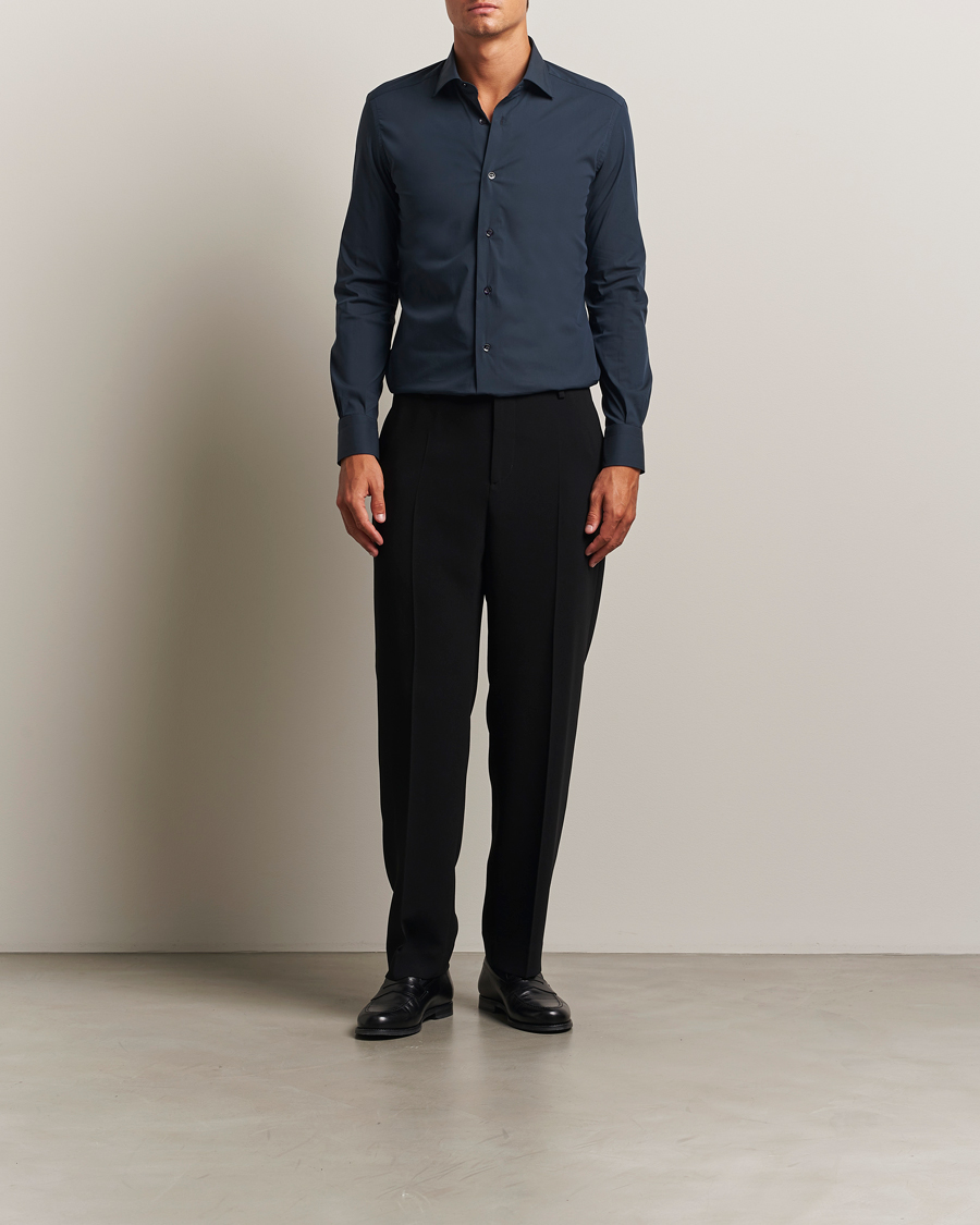Herre | Skjorter | Mazzarelli | Soft Cotton/Stretch Cut Away Shirt Navy