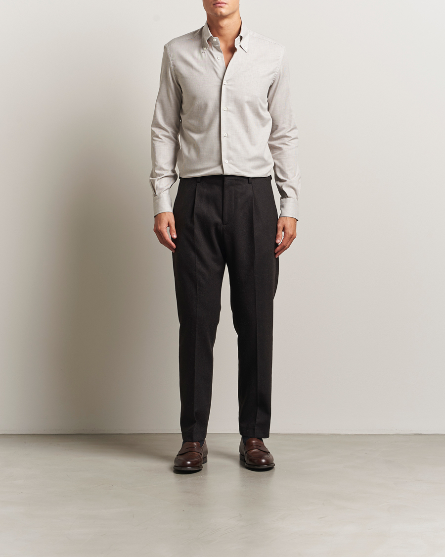 Herre | Skjorter | Mazzarelli | Soft Flannel Button Down Shirt Beige
