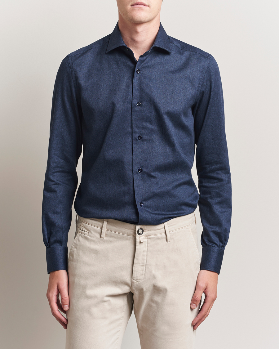 Herre | Skjorter | Mazzarelli | Soft Flannel Cut Away Shirt Navy