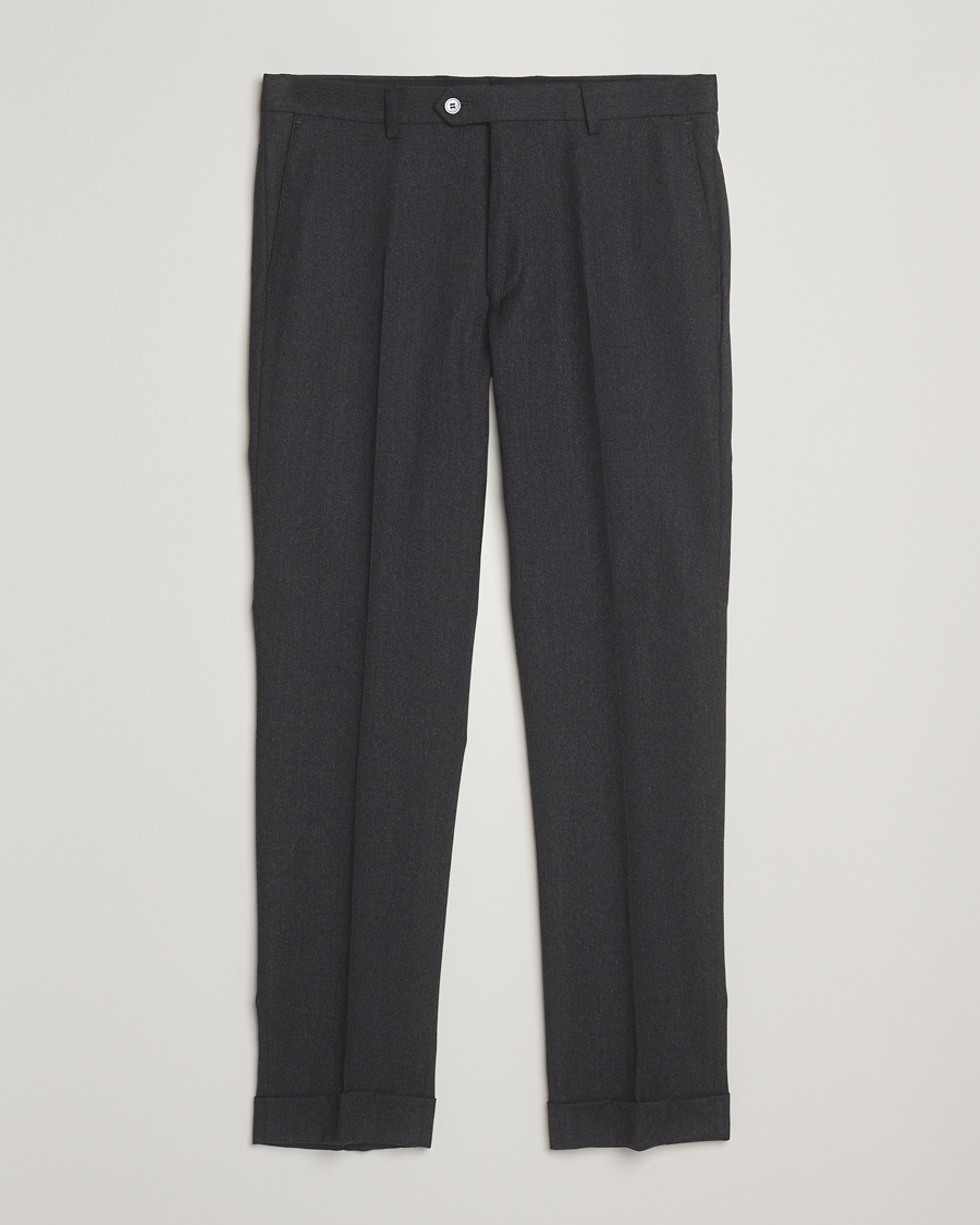 Herre | Bukser | Oscar Jacobson | Dandy Turn Up Flannel Trousers Charcoal
