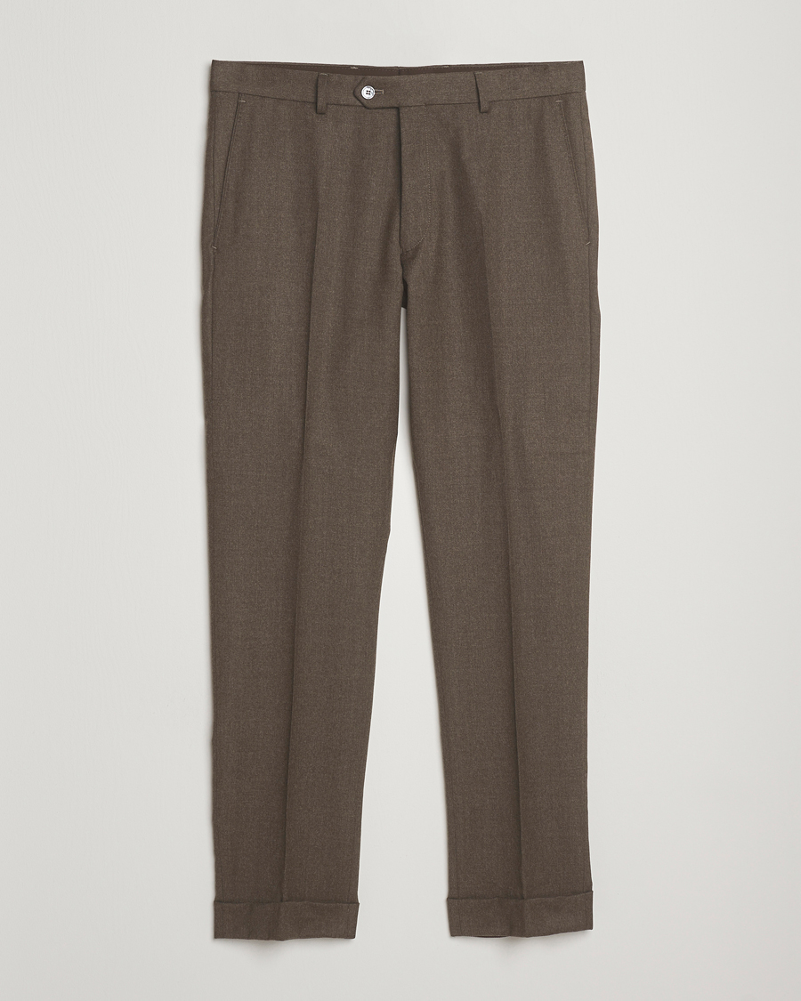 Herre | Bukser | Oscar Jacobson | Dandy Turn Up Flannel Trousers Brown