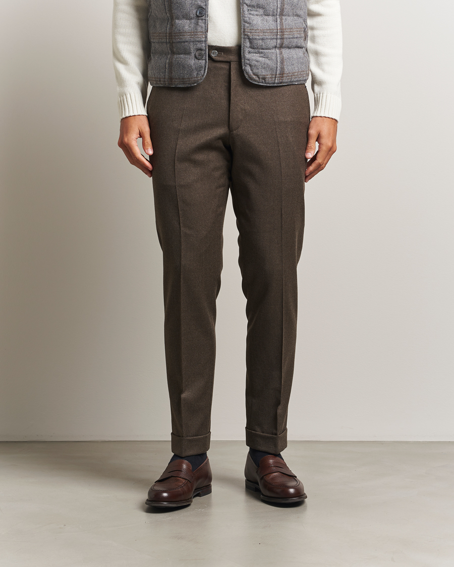Herre | Bukser | Oscar Jacobson | Dandy Turn Up Flannel Trousers Brown