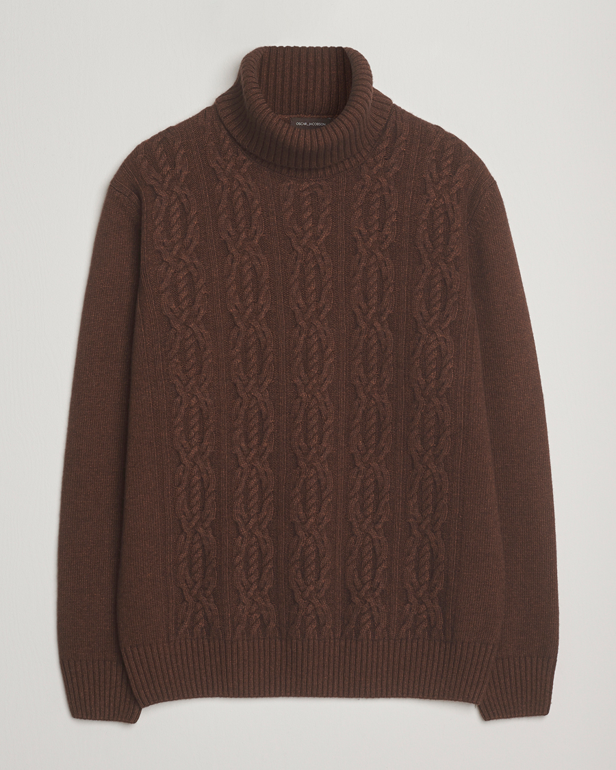 Herre | Gensere | Oscar Jacobson | Heavy Knitted Wool/Cashmere Cable Polo Golden Brown