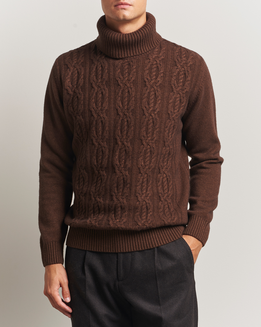 Herre | Gensere | Oscar Jacobson | Heavy Knitted Wool/Cashmere Cable Polo Golden Brown