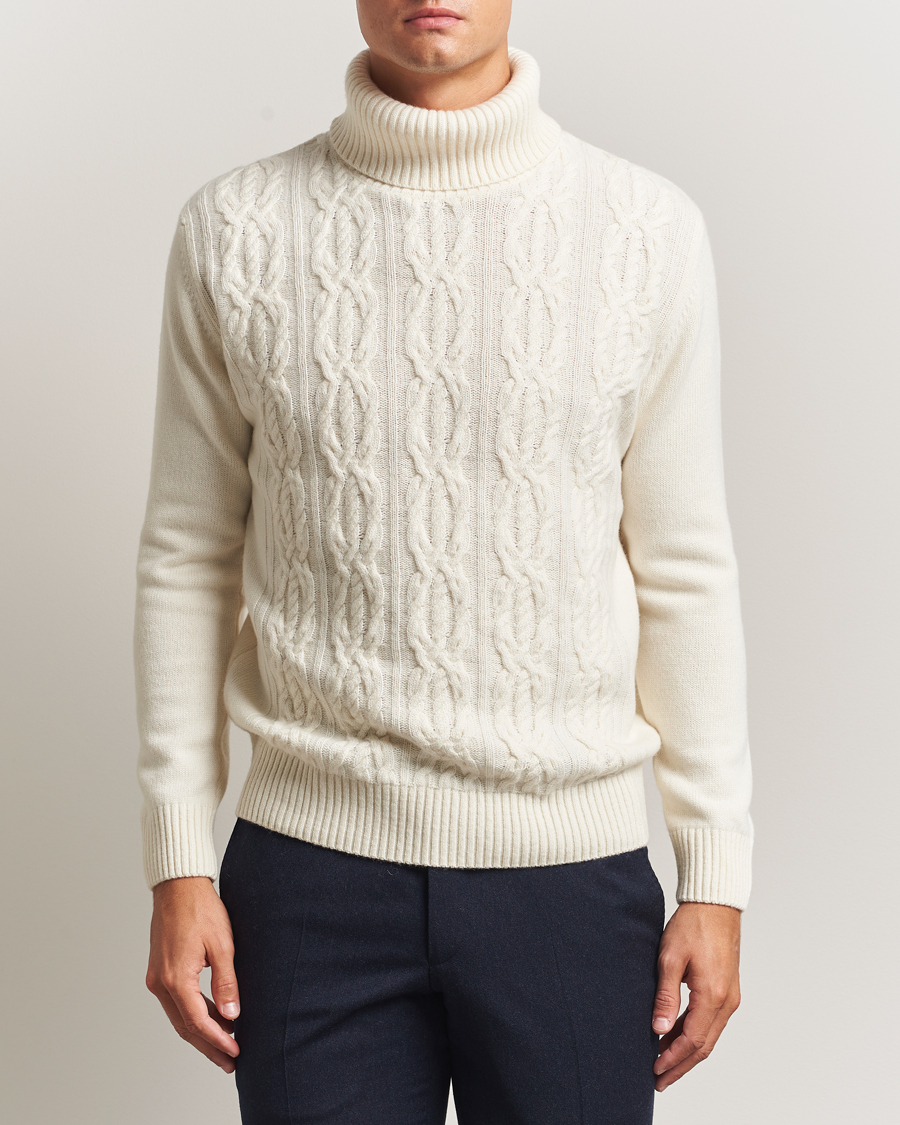 Herre | Gensere | Oscar Jacobson | Heavy Knitted Wool/Cashmere Cable Polo White