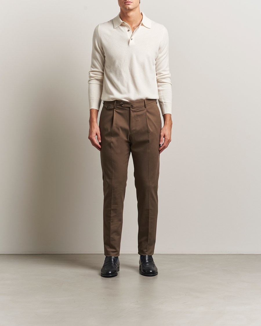 Herre | Bukser | PT01 | Slim Fit Pleated Cotton/Cashmere Trousers Dark Brown