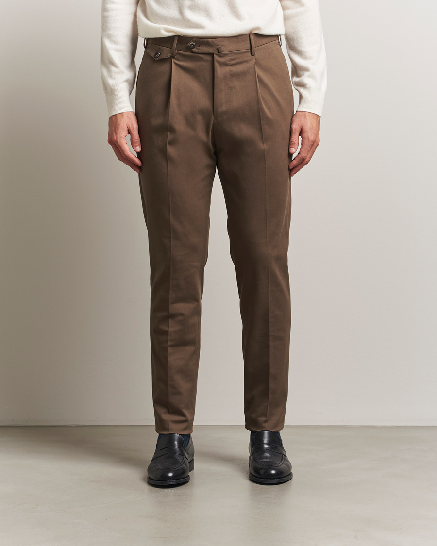 Herre | Bukser | PT01 | Slim Fit Pleated Cotton/Cashmere Trousers Dark Brown