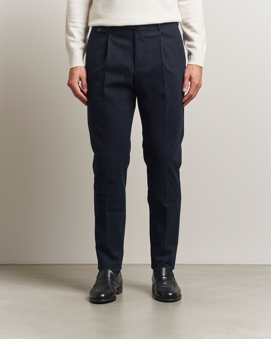 Herre | Bukser | PT01 | Slim Fit Pleated Cotton/Cashmere Trousers Navy