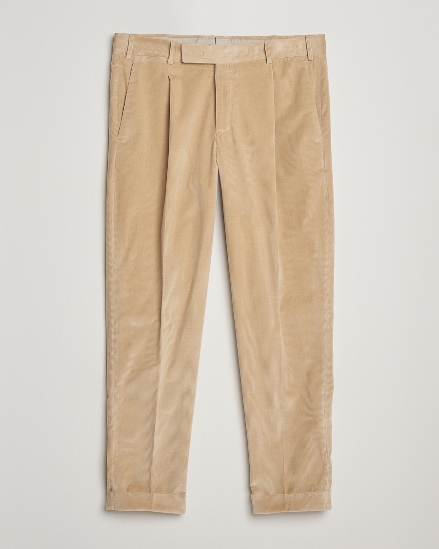 Herre | Bukser | PT01 | Slim Fit Pleated Corduroy Trousers Light Beige