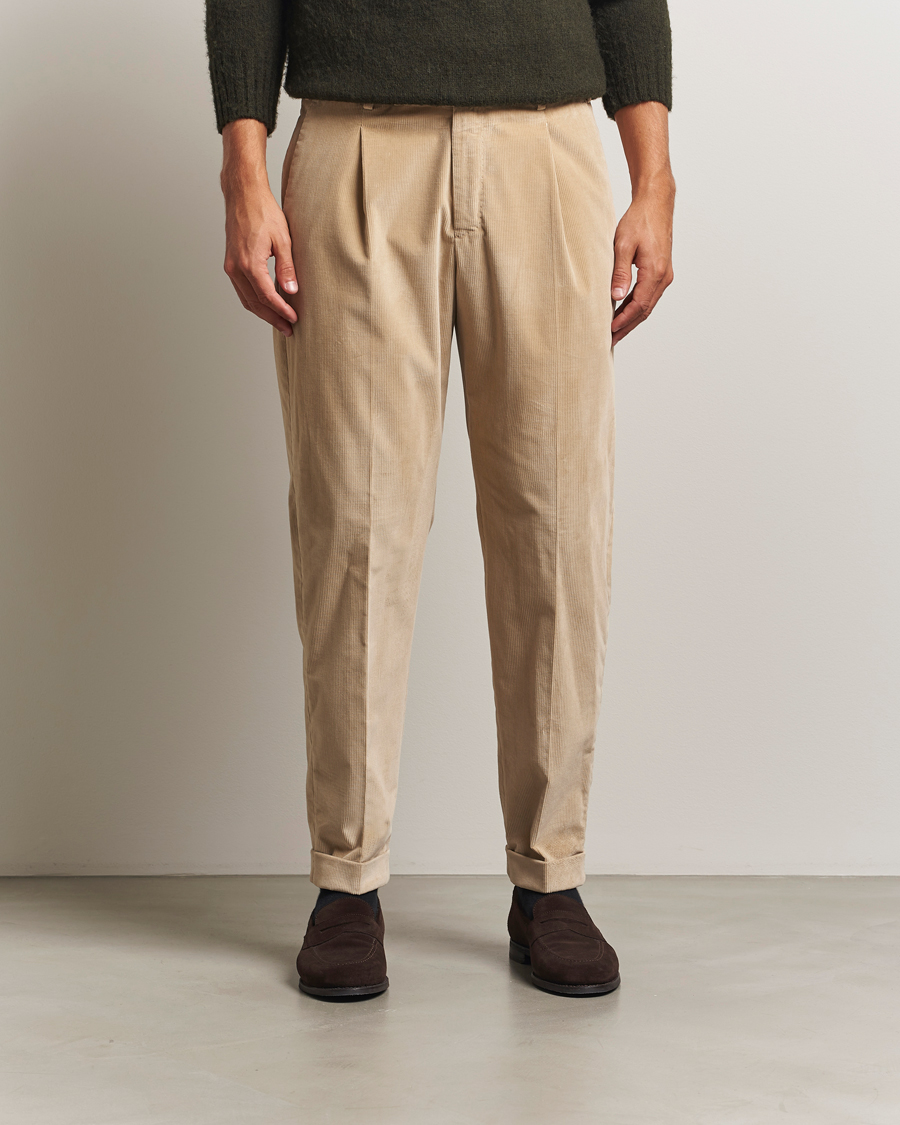 Herre | Bukser | PT01 | Slim Fit Pleated Corduroy Trousers Light Beige