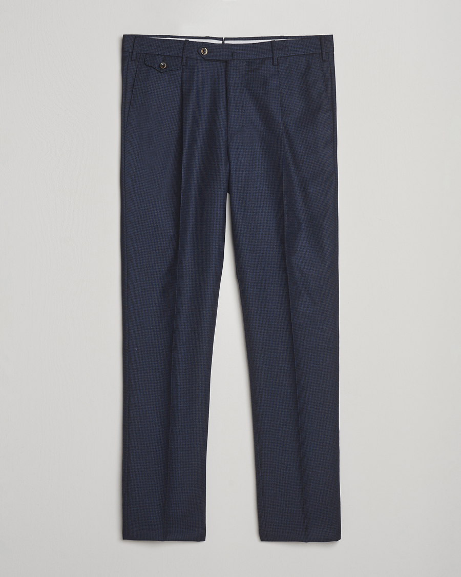 Herre | Bukser | PT01 | Gentleman Fit Pleated Houndstooth Flannel Trousers Navy