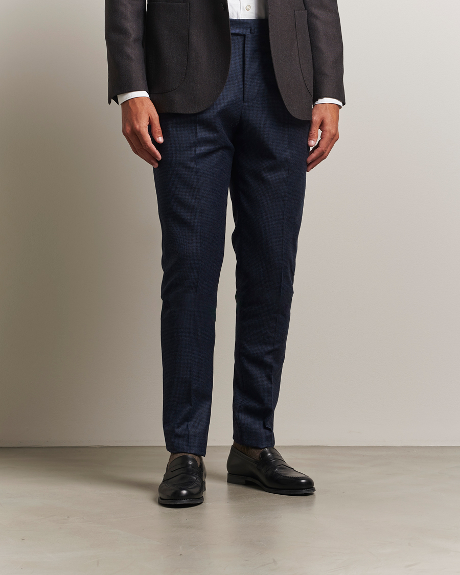 Herre | Bukser | PT01 | Gentleman Fit Pleated Houndstooth Flannel Trousers Navy