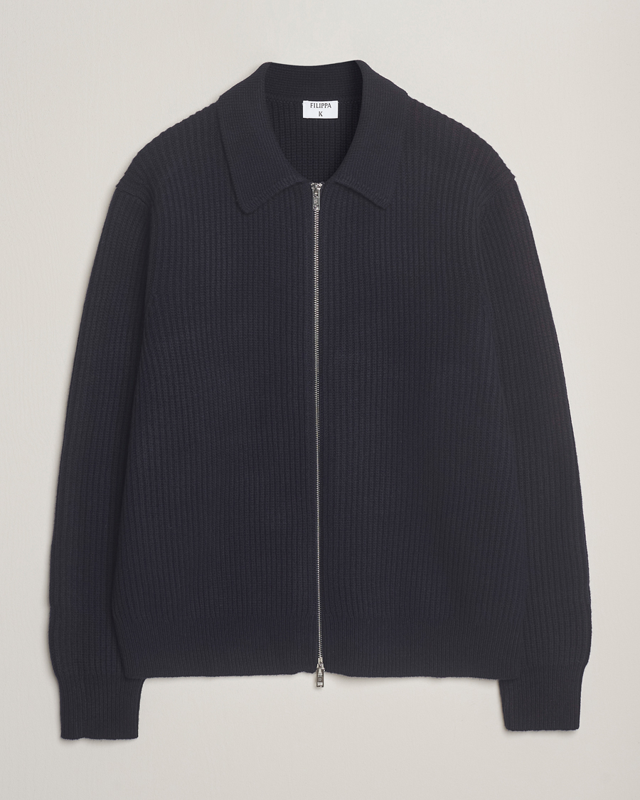 Herre | Gensere | Filippa K | Ribbed Wool Full Zip Cardigan Navy