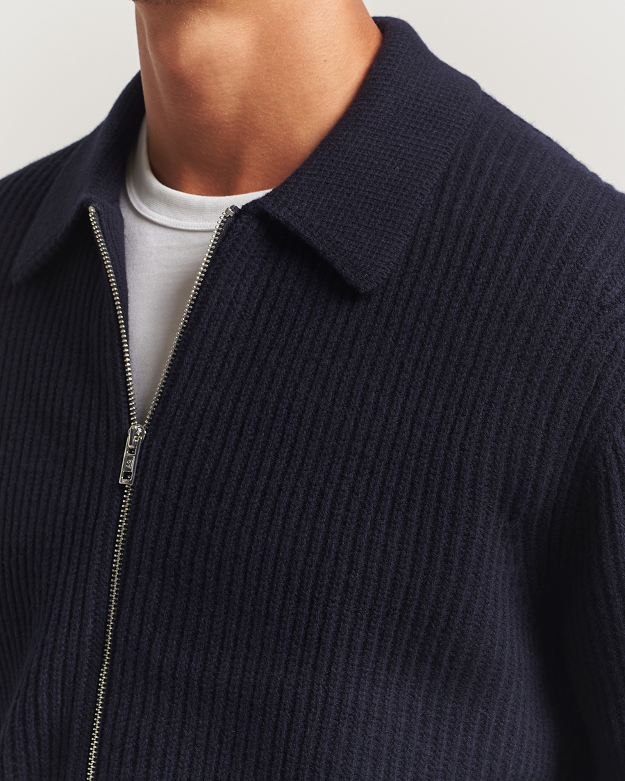 Herre | Gensere | Filippa K | Ribbed Wool Full Zip Cardigan Navy