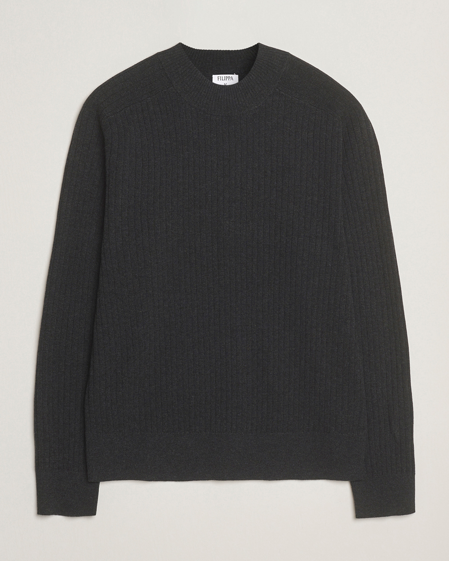 Herre | Gensere | Filippa K | Cotton Merino Knitted Mock Neck Sweater Anthracite Melange