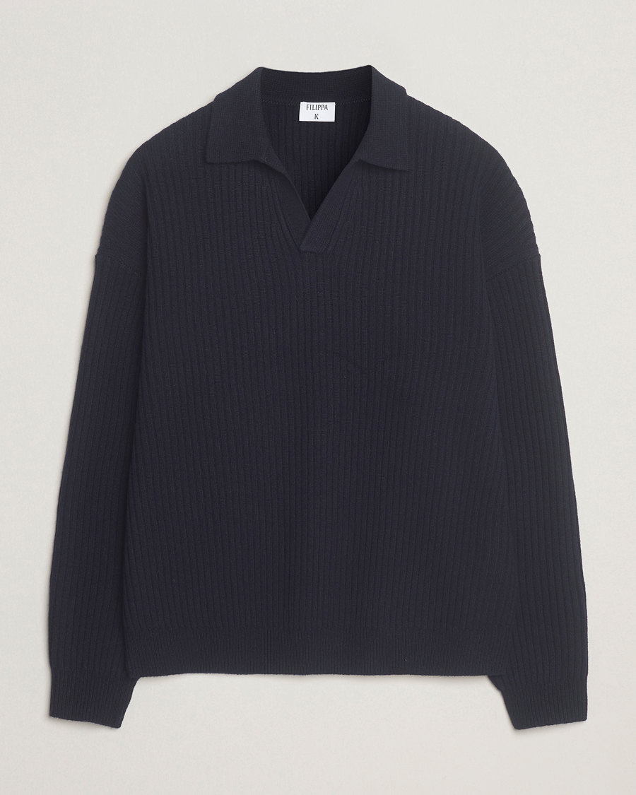 Herre | Gensere | Filippa K | Ribbed Wool Polo Shirt Navy