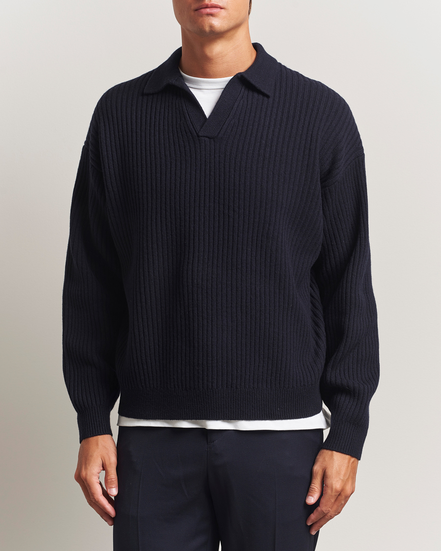 Herre | Gensere | Filippa K | Ribbed Wool Polo Shirt Navy