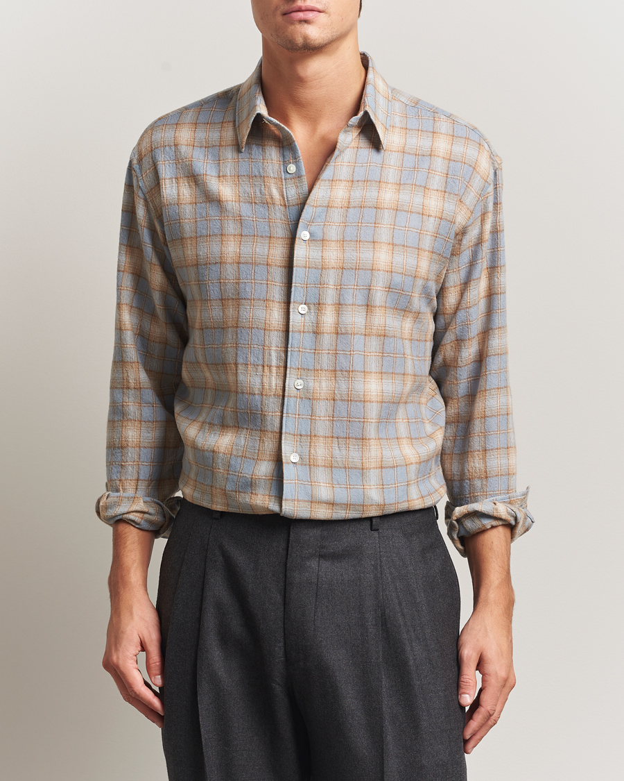 Herre | Skjorter | Auralee | Airy Wool Check Shirt Blue/Beige