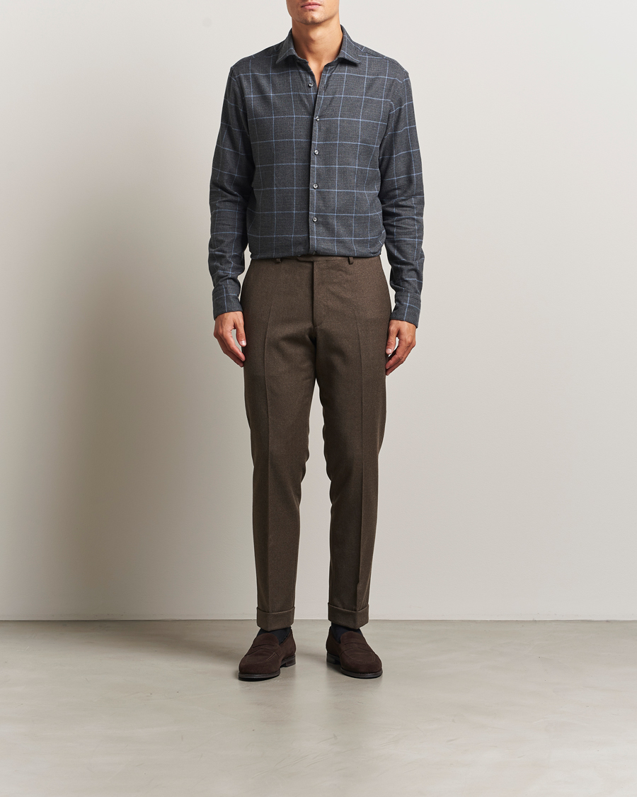 Herre | Skjorter | Stenströms | Regular Fit Overcheck Flannel Shirt Dark Grey