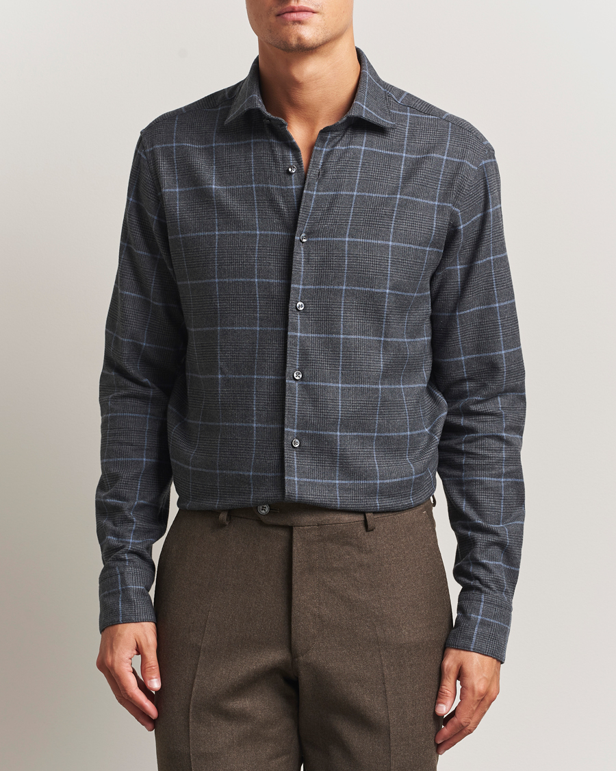 Herre | Skjorter | Stenströms | Regular Fit Overcheck Flannel Shirt Dark Grey