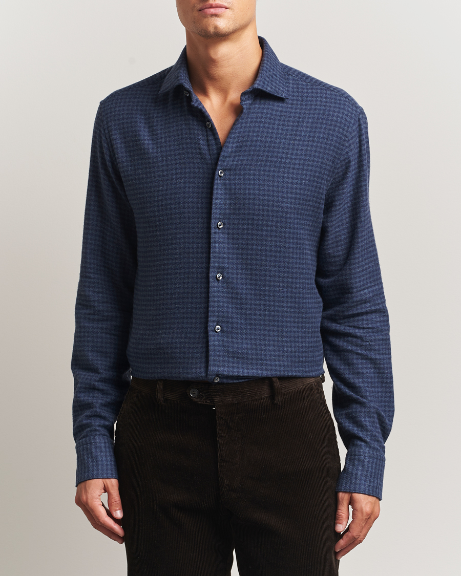 Herre | Skjorter | Stenströms | Regular Fit Houndstooth Flannel Shirt Dark Blue
