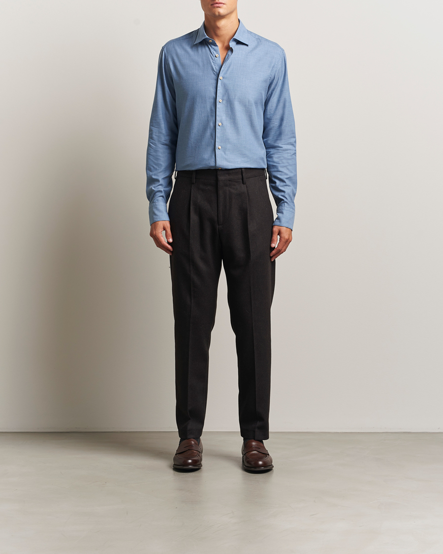 Herre | Skjorter | Stenströms | Regular Fit Brushed Mini Herringbone Shirt Blue