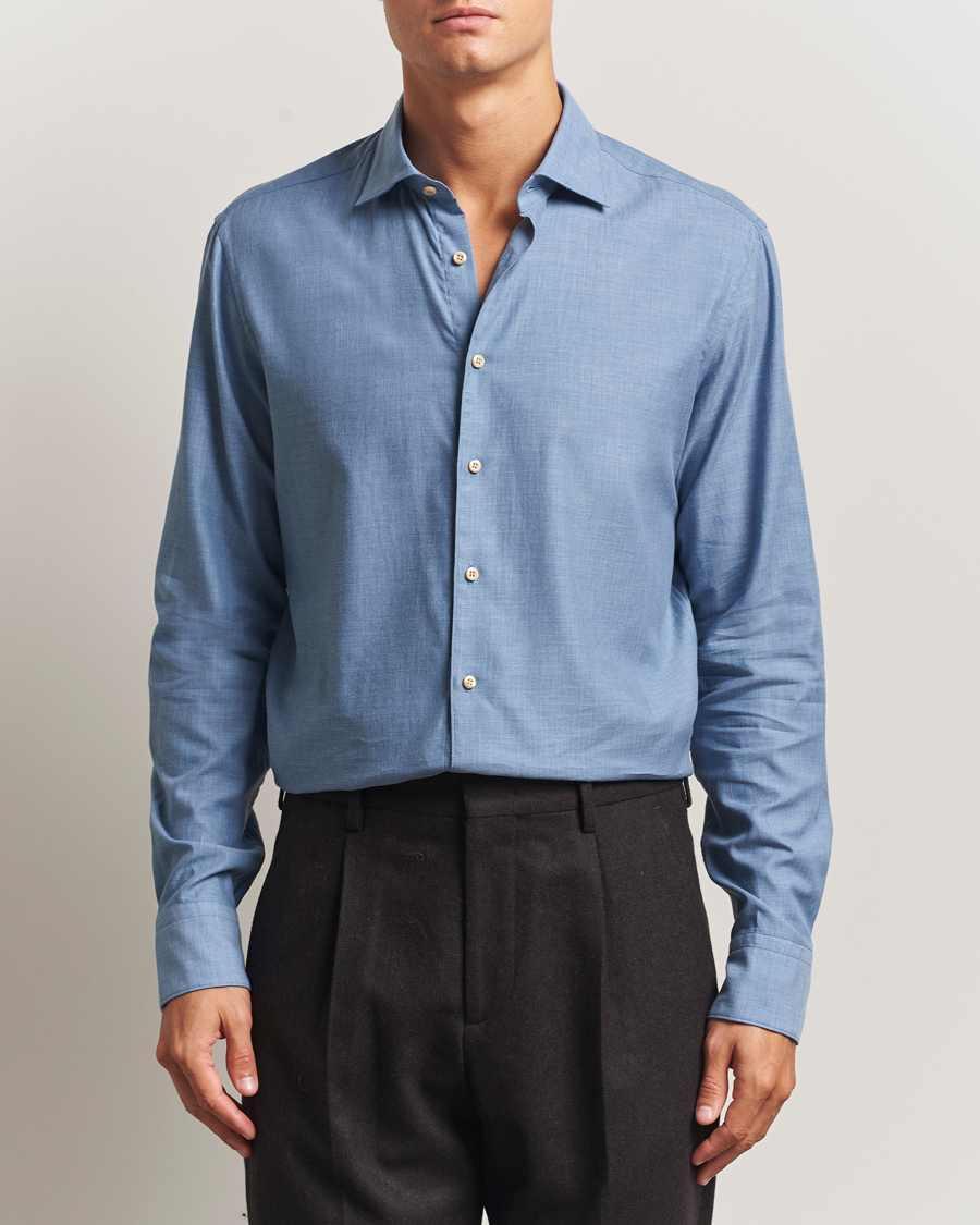 Herre | Skjorter | Stenströms | Regular Fit Brushed Mini Herringbone Shirt Blue