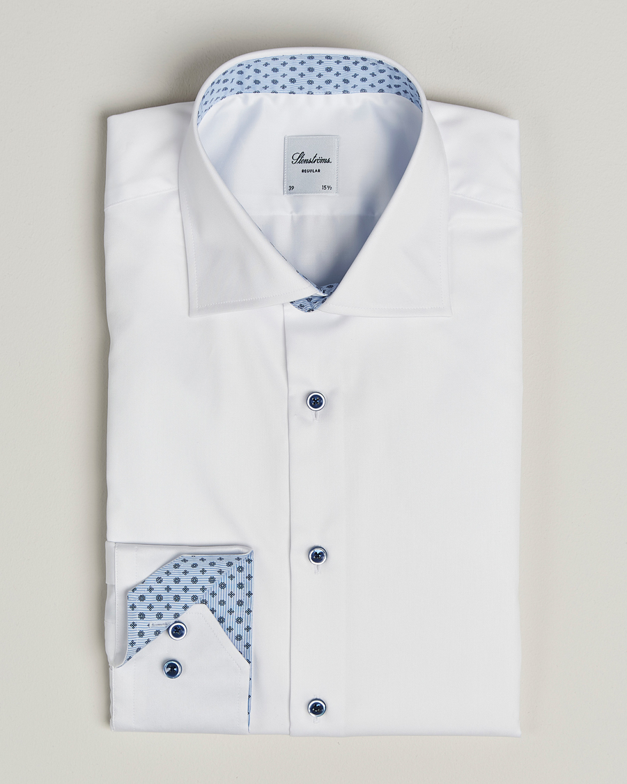 Herre | Skjorter | Stenströms | Regular Fit Cotton Twill Contrast Shirt White