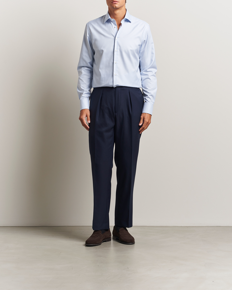 Herre | Skjorter | Stenströms | Regular Fit Twill Check Cut Away Shirt Light Blue