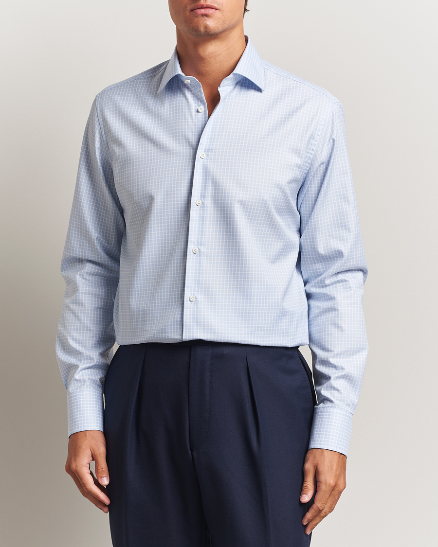 Herre | Skjorter | Stenströms | Regular Fit Twill Check Cut Away Shirt Light Blue