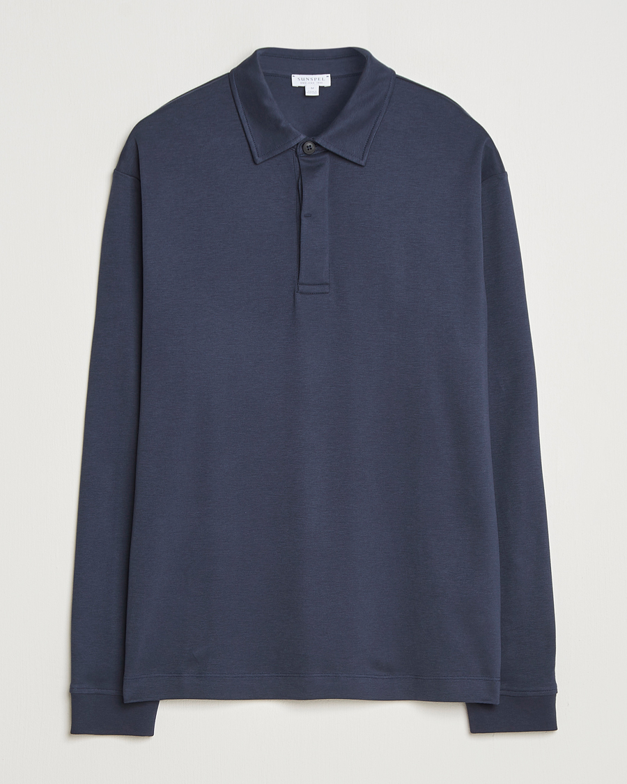 Herre | Pikéer | Sunspel | Heavy Weight Supima Cotton Long Sleeve Polo Navy