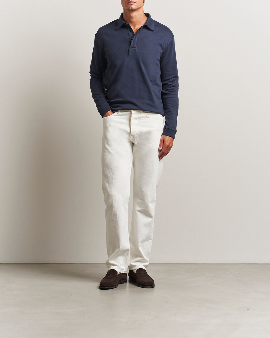 Herre | Pikéer | Sunspel | Heavy Weight Supima Cotton Long Sleeve Polo Navy