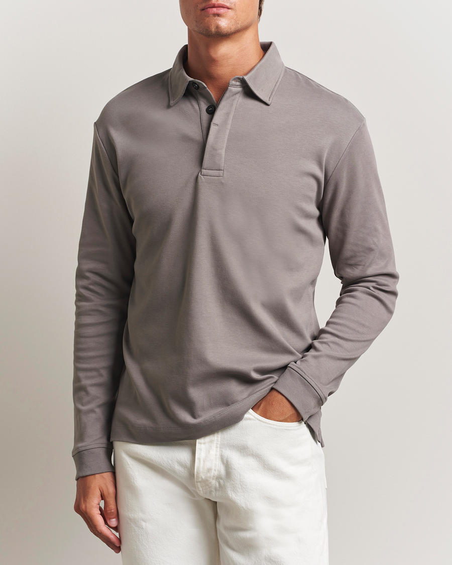 Herre | Pikéer | Sunspel | Heavy Weight Supima Cotton Long Sleeve Polo Iron Grey