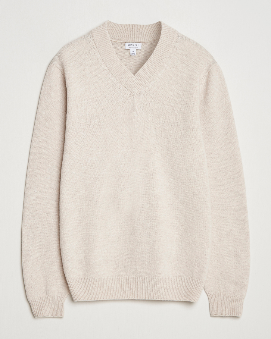 Herre | Gensere | Sunspel | Knitted Lambswool V-Neck Oatmeal Melange