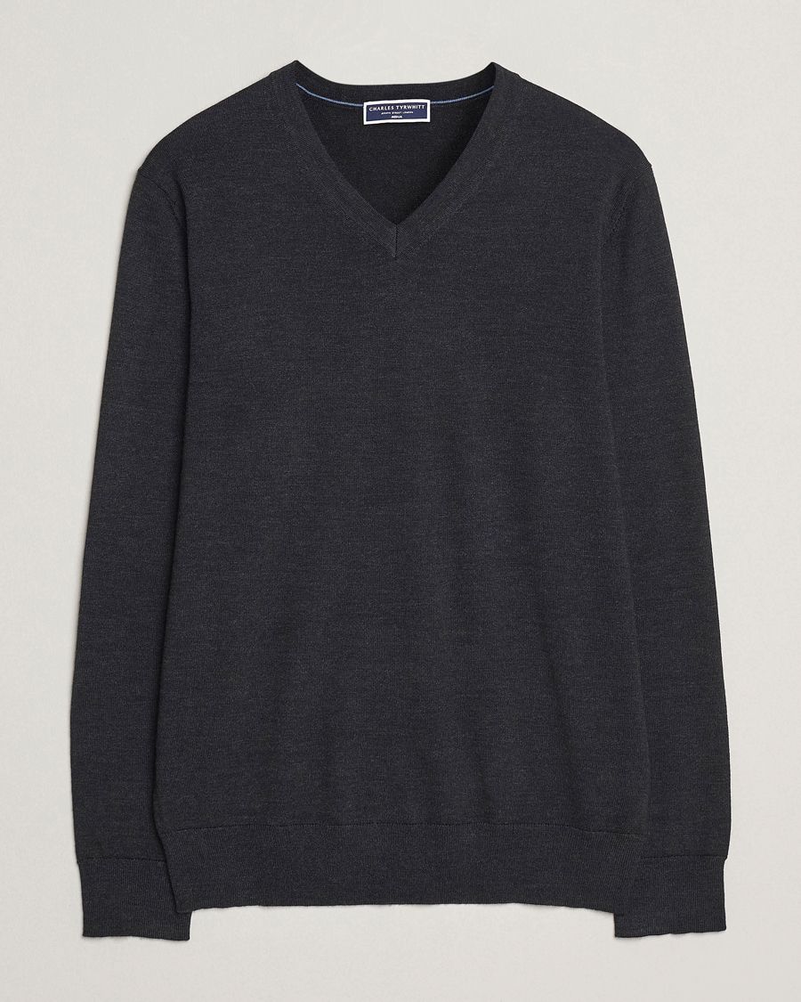 Herre | Gensere | Charles Tyrwhitt | Pure Merino V-Neck Jumper Dark Charcoal