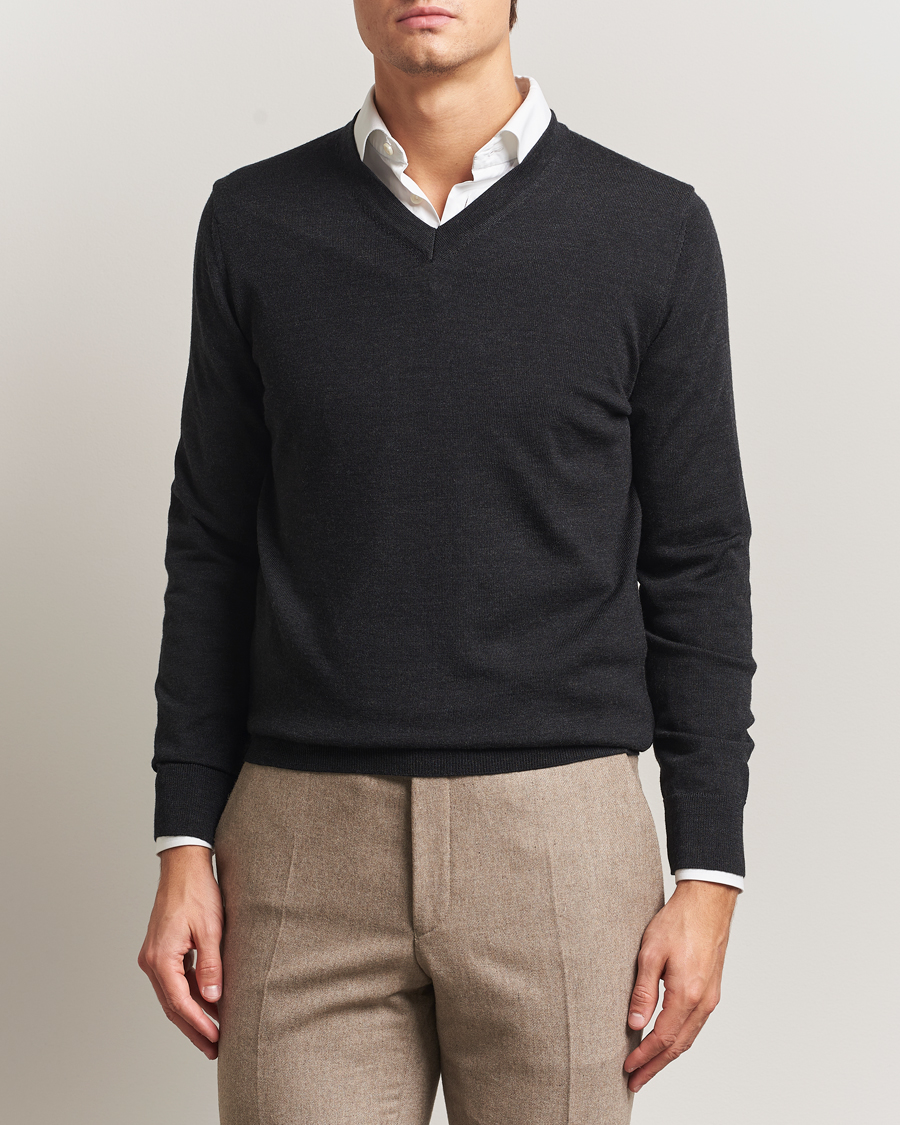 Herre | Gensere | Charles Tyrwhitt | Pure Merino V-Neck Jumper Dark Charcoal