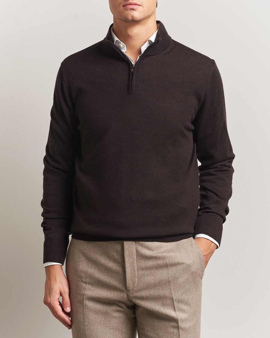 Herre | Gensere | Charles Tyrwhitt | Pure Merino Zip Neck Jumper Chocolate Brown
