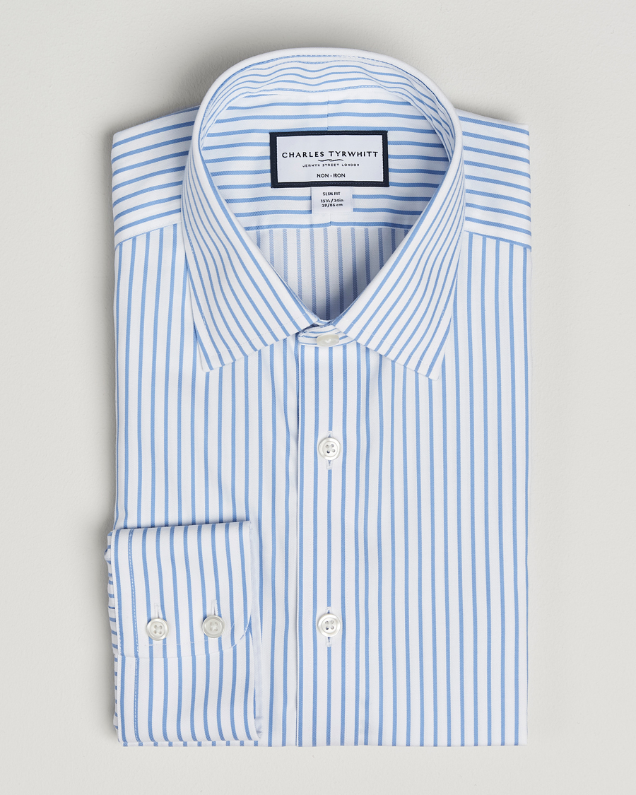 Herre | Skjorter | Charles Tyrwhitt | Slim Fit Non Iron Striped Twill Cut Away Shirt White/Sky