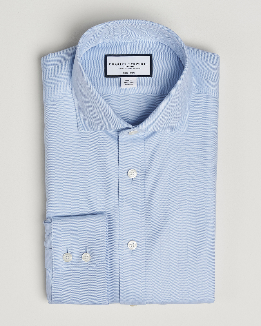 Herre | Skjorter | Charles Tyrwhitt | Slim Fit Non Iron Herringbone Cut Away Shirt Sky