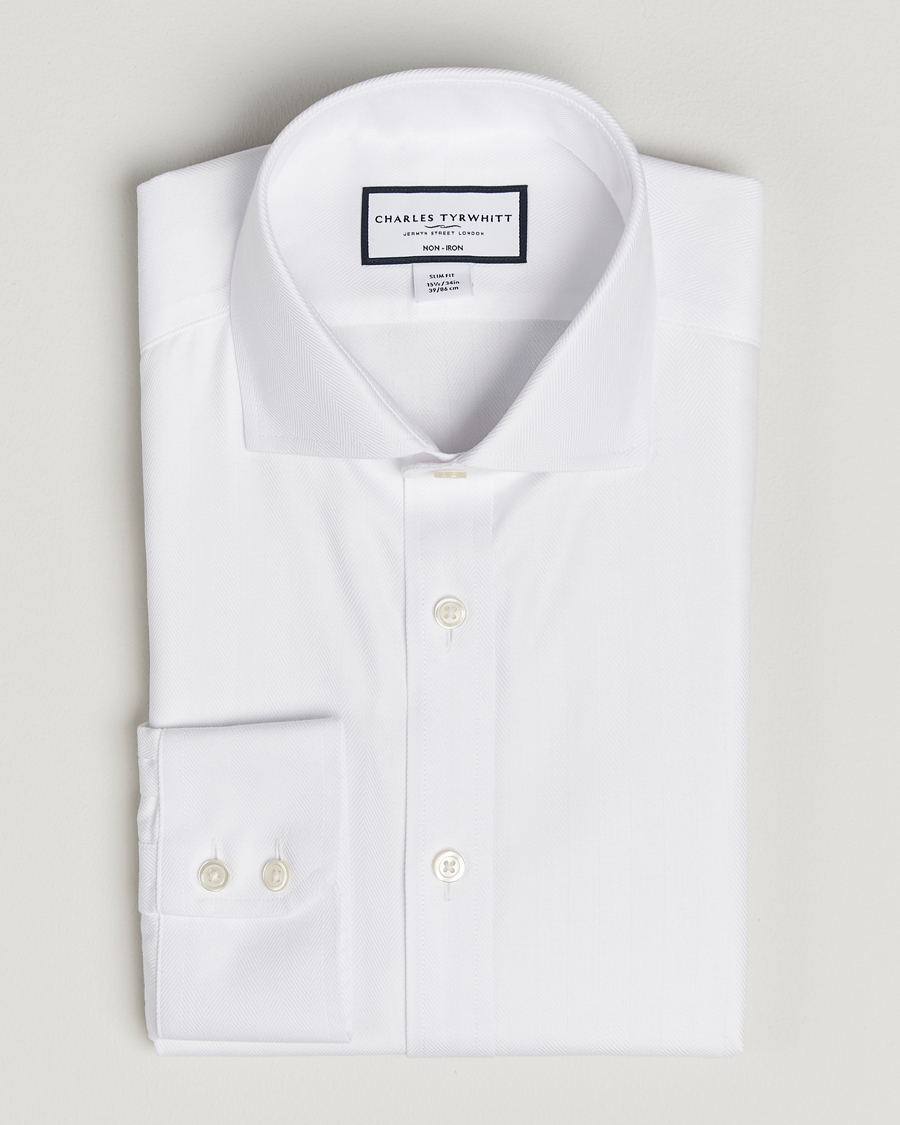 Herre | Skjorter | Charles Tyrwhitt | Slim Fit Non Iron Herringbone Cut Away Shirt White